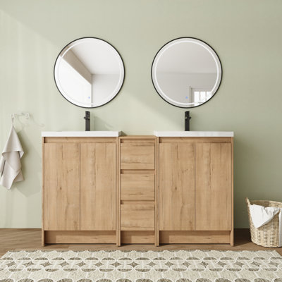 Meuble-lavabo double autoportant 60 po avec plateau en résine et tiroirs à fermeture en douceur 60 po
