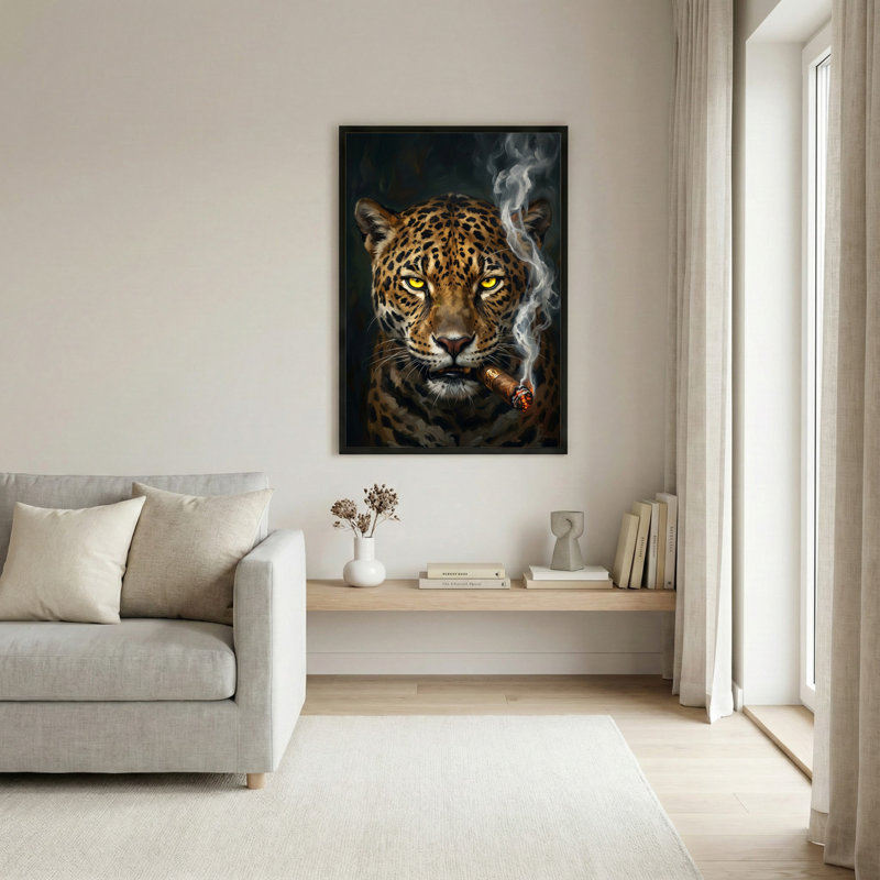 Natural Wood Framed,Canvas Wall Art for Living Room, Bedroom, Office or Entryway – Decorative Wall Decor with Leopard Cigar