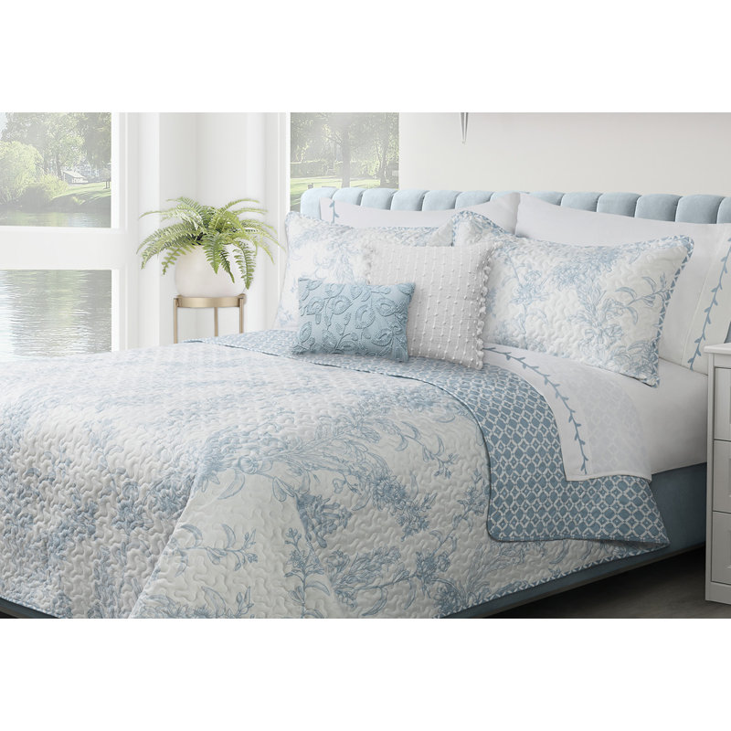 Ensemble de courtepointe réversible en microfibre , Bleu, Courtepointe double / grand et 2 taies décorative