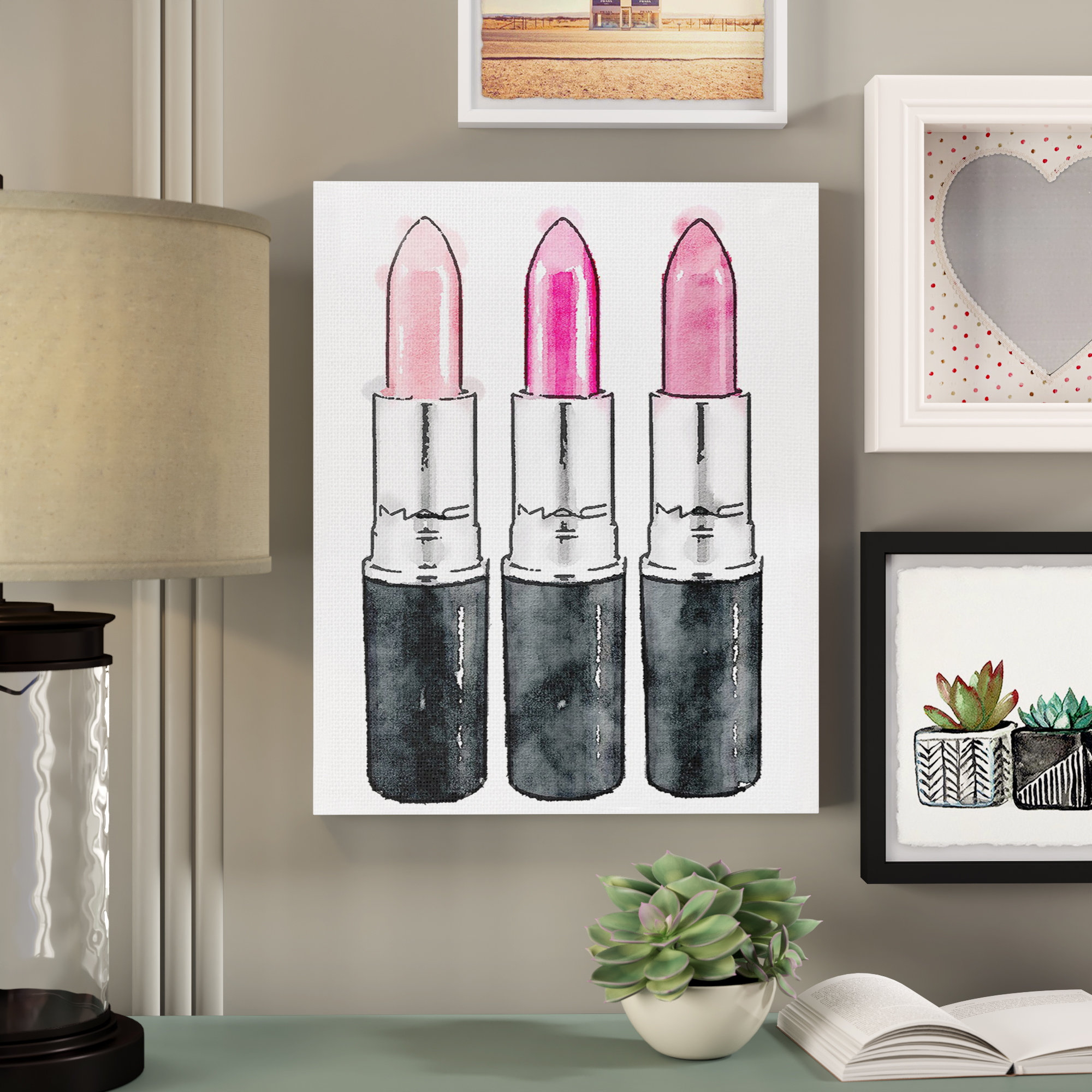 Three Pink Lipsticks by Amanda Greenwood - Print on Canvas Etta Avenue Teen Format: Wrapped Canvas, Size: 20 H x 16 W