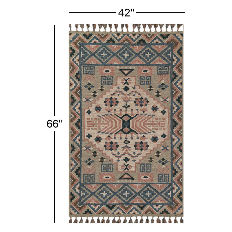 Tapis gris / bleu sarcelle en laine touffeté à la main Anine Southwestern, Rectangle 3 pi 6 po x 5 pi 6 po