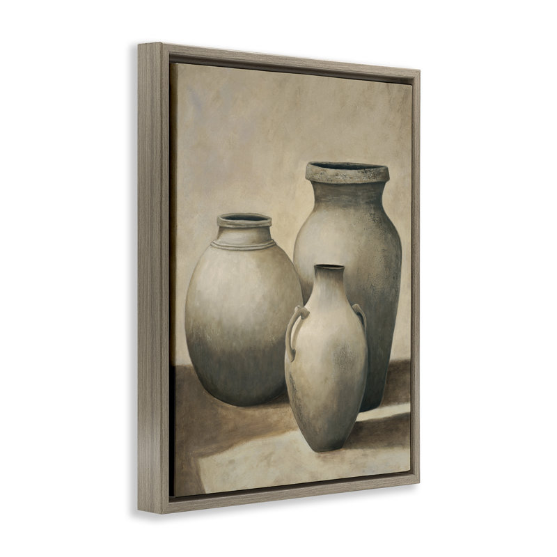 Trio de vases avec cadre flottant nature morte, conception d'André Mazo, H 31 po x l 25 po, Cadre flottant orme Montalcino