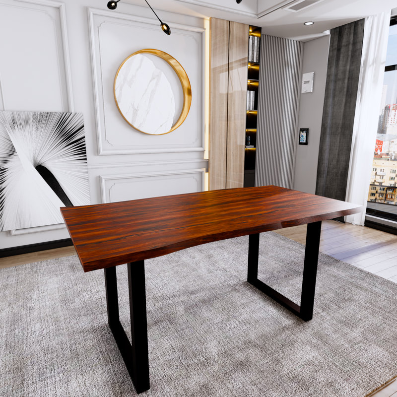 Kinnen Acacia Solid Wood Top Metal Base Dining Table, 35.4" W x 63" L, Dark Brown