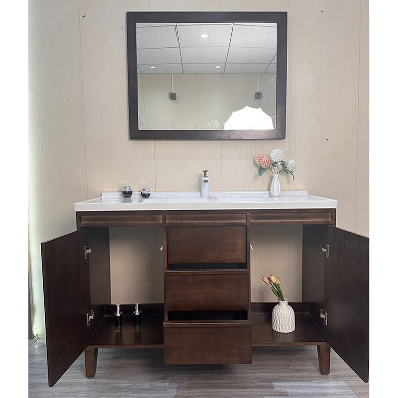 Meuble-lavabo Mid-Century en bois massif avec lavabo intégré en céramique