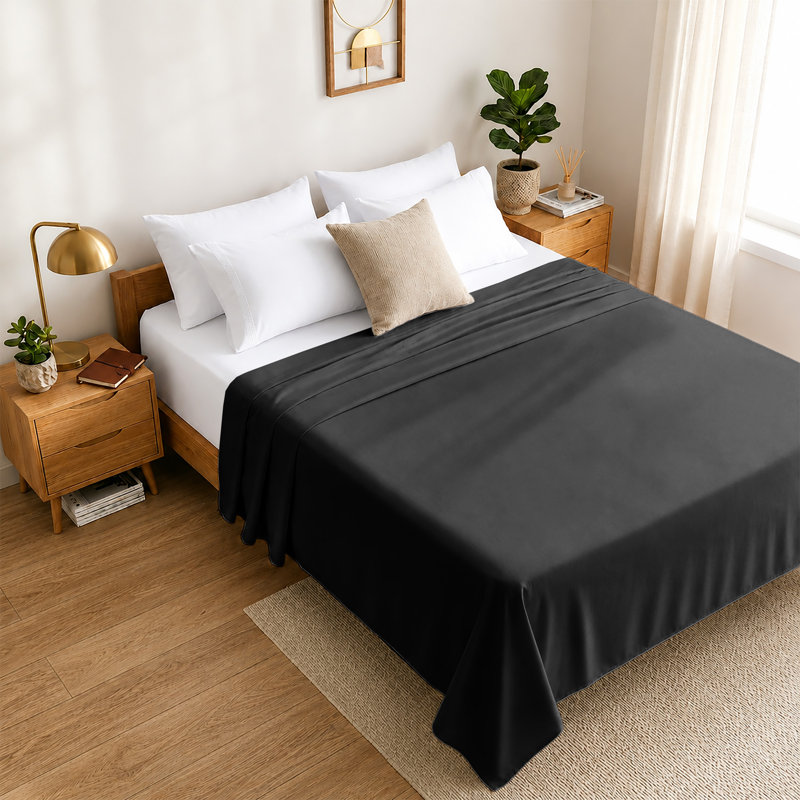 Luxury Soft Microfiber 140 Thread Count Flat Sheet Easy Care Breathable Bedding Sheet, Single (3'), BLACK