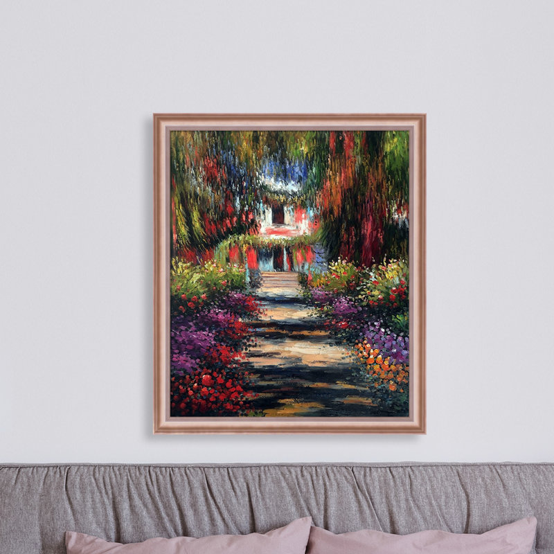 «Garden Path at Giverny» par Claude Monet - Peinture sur toile encadrée, H 27 po x l 23 po x P 2 po, Cadre or rose Classico