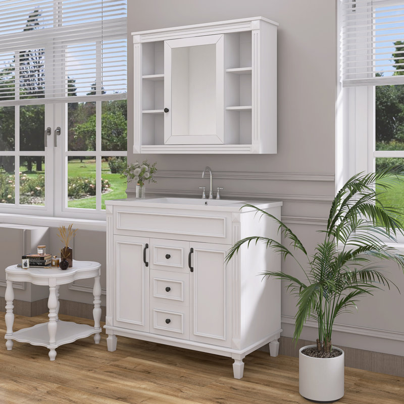 Meuble-lavabo simple avec plateau en céramique Shaianna, Blanc