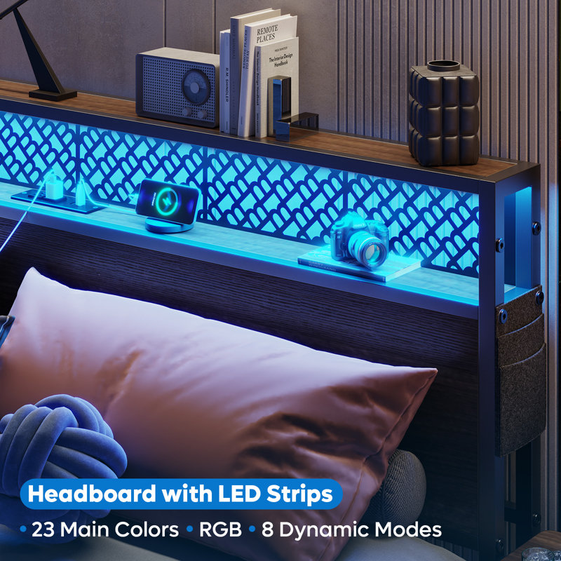 Full Size Walnut Metal Bed Frame with LED Storage Headboard