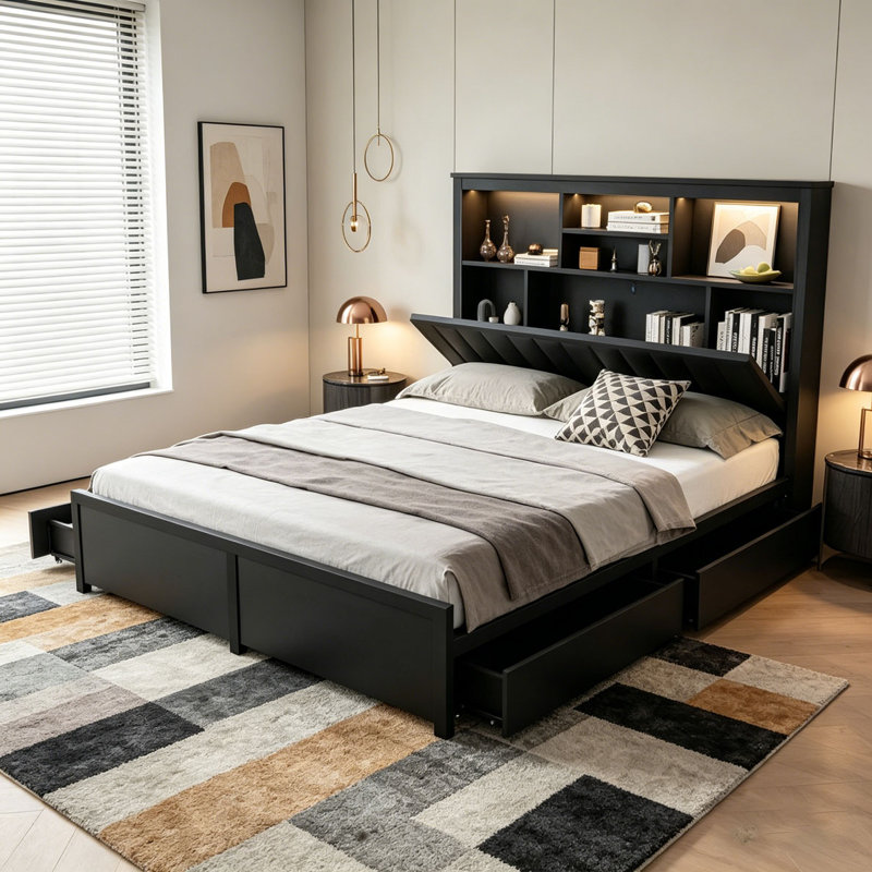 Base de lit avec tête de lit haute, base de lit avec lumière DEL et station de charge, 4 tiroirs de rangement, Très grand lit