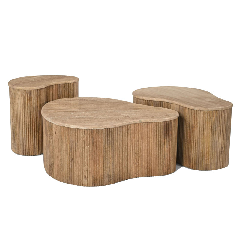 Ensemble de 3 tables basses Cid Ata, marbre beige, bois de manguier massif artisanal