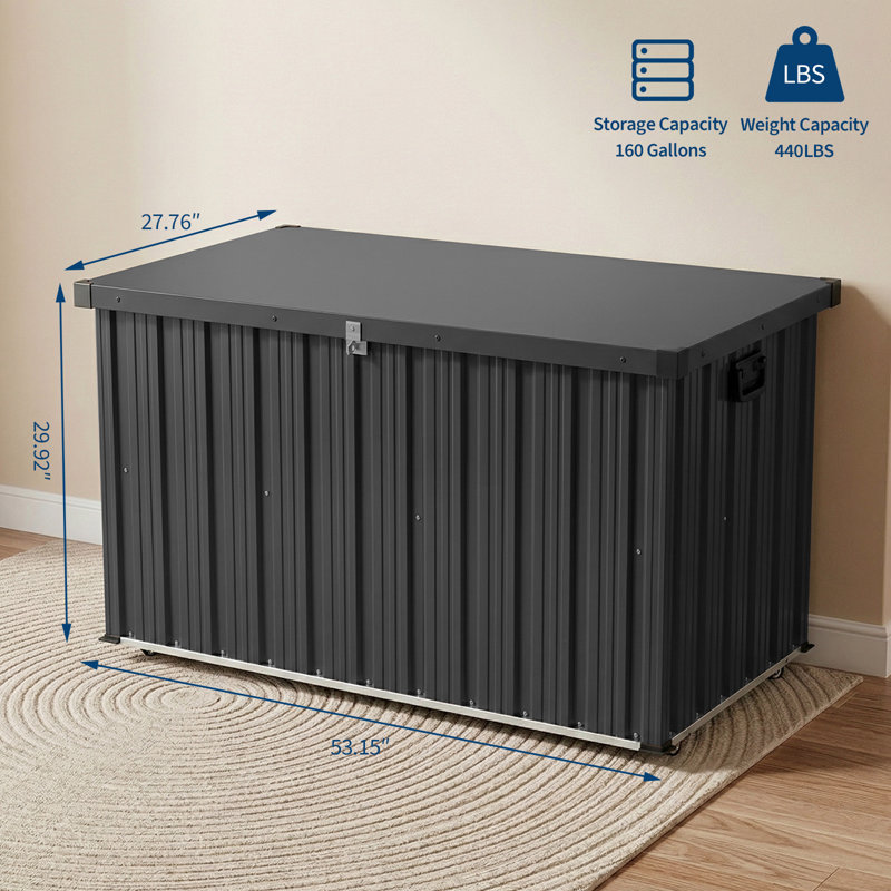 Metal Deck Box 160 Gallon Waterproof Patio Storage Container, Metal Outdoor Storage Box Large Bin with Wheels for Deck, Porch, Pools