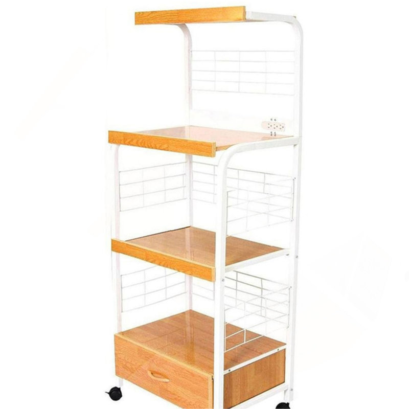 Chariot de cuisine de 59,5 po de hauteur avec micro-ondes et tiroir, Naturel / Blanc