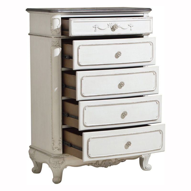Rosalind French Provincial 33" 5-Drawer Chest in Antique White with Carved Floral Detail
