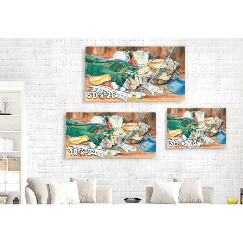 Équipement de golf rétro, bâtons, balles de golf, vert, brun clair, bleu, H 16 po x l 24 po x P 1,5 po