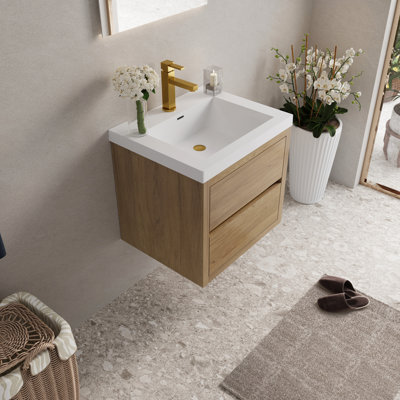 Meuble-lavabo flottant en chêne naturel de 24 po avec lavabo en résine de pierre brillante blanche, pré-assemblé pour une installation sans effort, surface à faible absorption d'eau, profondeur de produit de 23,36 po, mur de largeur de paquet de 25,4 po