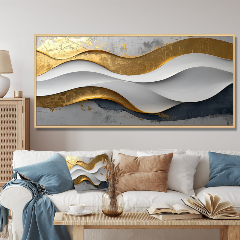 Oplis vagues abstraites d'introspection en or et blanc VI - art mural abstrait de vagues modernes pour le salon, Crème, crème