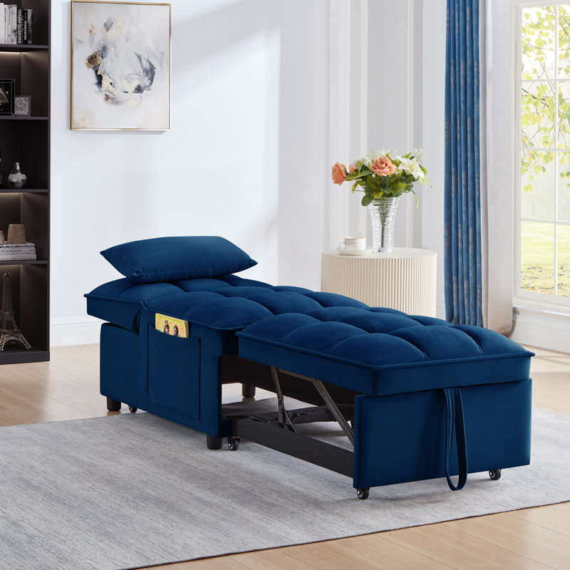 Canapé-lit simple capitonné avec dossier réglable et coussins, méridienne convertible, Navy
