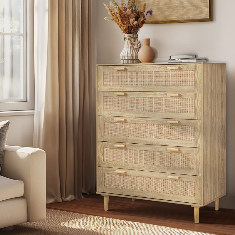 Commode 5 tiroirs pour la chambre à coucher en rotin 35,43 po Finn