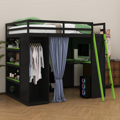 Lit mezzanine double avec bureau et rangement, lit mezzanine en bois tout-en-un avec garde-robe, tablettes, rideaux occultants et lumières RVB