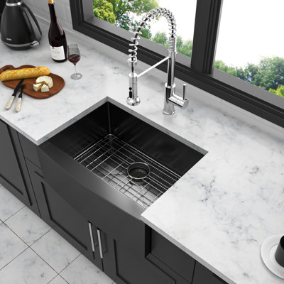 Évier de 24 po en acier inoxydable noir - tablier avant en acier inoxydable de calibre 16, résistant aux rayures et aux bosses, sans tache d'eau, chaleur, matériau, rembourrage insonorisé, drainage efficace, coin arrondi R10, avec support, fond