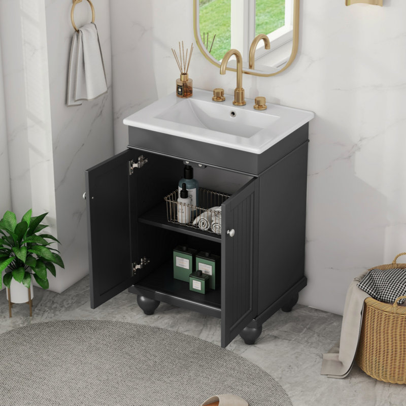 Lavabo de salle de bain élégant en céramique avec cadre en bois massif, tablette réglable, Gris