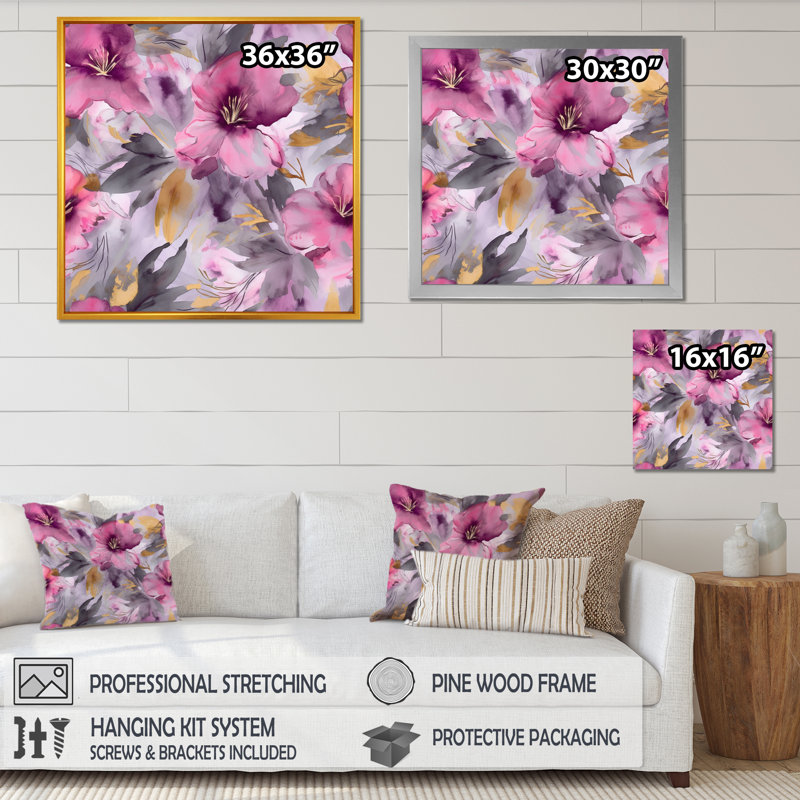 Ronne, pétales d'hibiscus mauve jaune II sur toile, H 24 po x l 24 po x P 1 po, Cadre flottant doré