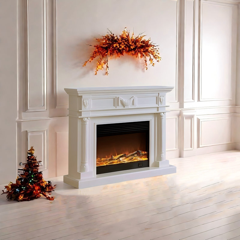 59.06"Ivory White Rubber Wood Landscape Electric Fireplace