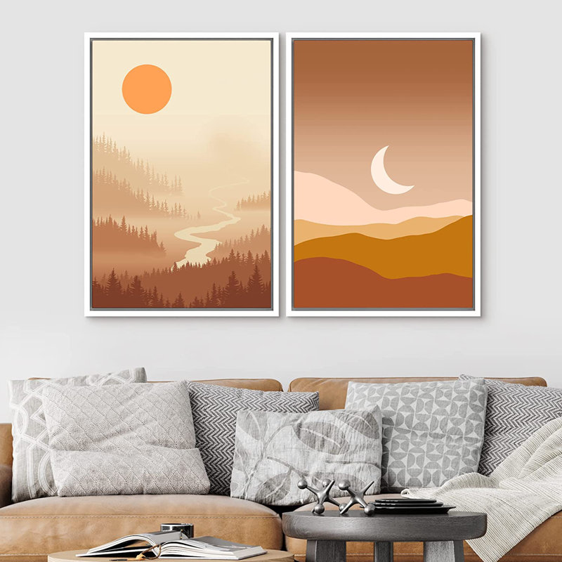 " SIGNLEADER Framed Canvas Print Wall Art Set Sun Crescent Moon Mountain Valley River Nature Wilderness Illustrations Modern Art Decorative Rustic For Living Room, Bedroom, Office " 2 - Pieces