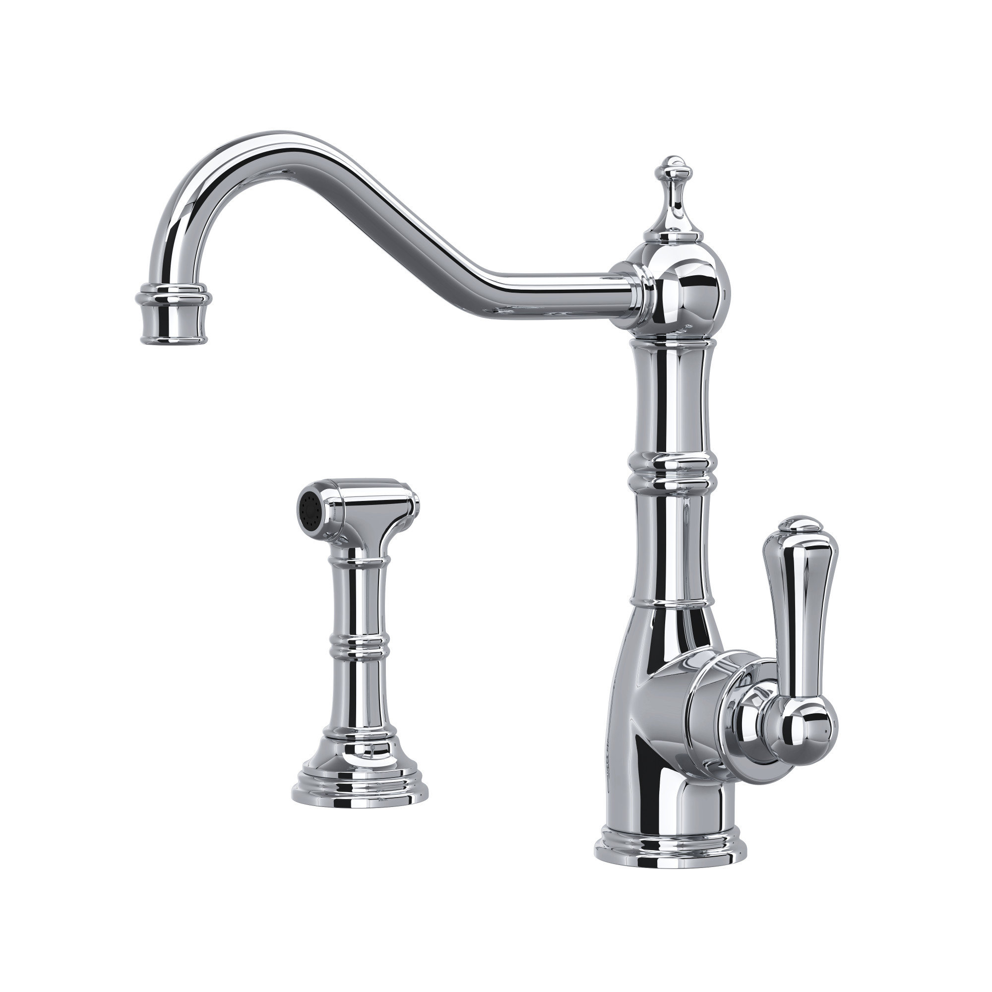 Perrin & Rowe Georgian Era Bridge Kitchen Faucet with Sidespray -  Unlacquered Brass with Metal Lever Handle