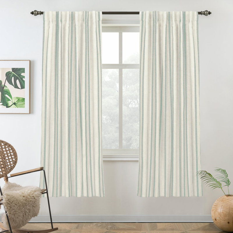 Blackout Curtain Pair, 52" W x 96" L, Jade Green Stripe/Light Linen-Back Tab