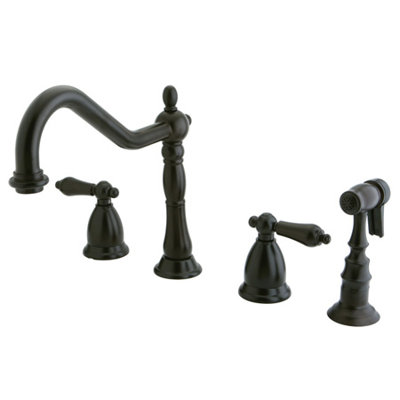Kingston Brass Heritage Double-Handle 4-Hole Widespread Kitchen Faucet with Brass Sprayer