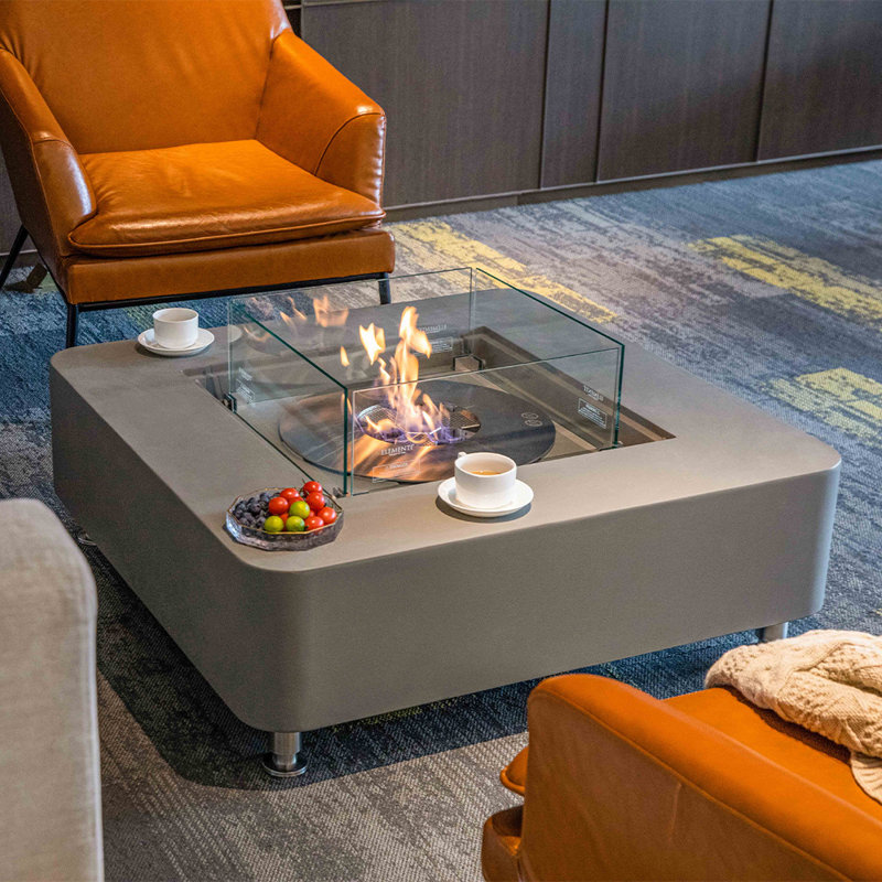 Brisseyda Square Concrete Bio-Ethanol Smokeless Fire Pit Table with Lid, Space Gray