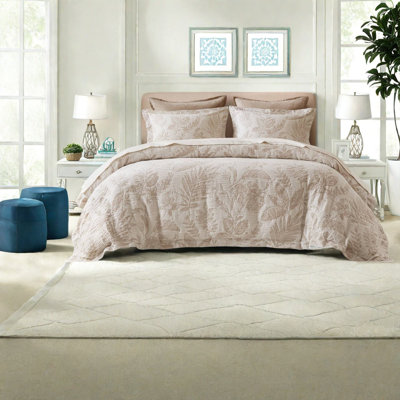 Ensemble de literie, housse de couette 3 pièces en coton jacquard à motif botanique, grand lit/queen