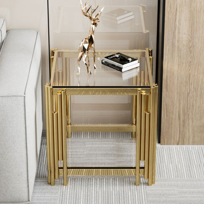 Trennedy 19.7" Wide 2-Tier Square Glass Top End Table with Storage Couch Side Table for Bedroom Living Room