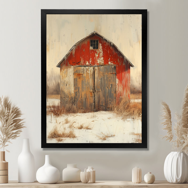 Rouge, gris et gris bois d'automne, Toile encadrée noire simple, H 12 po x l 20 po x P 1 po