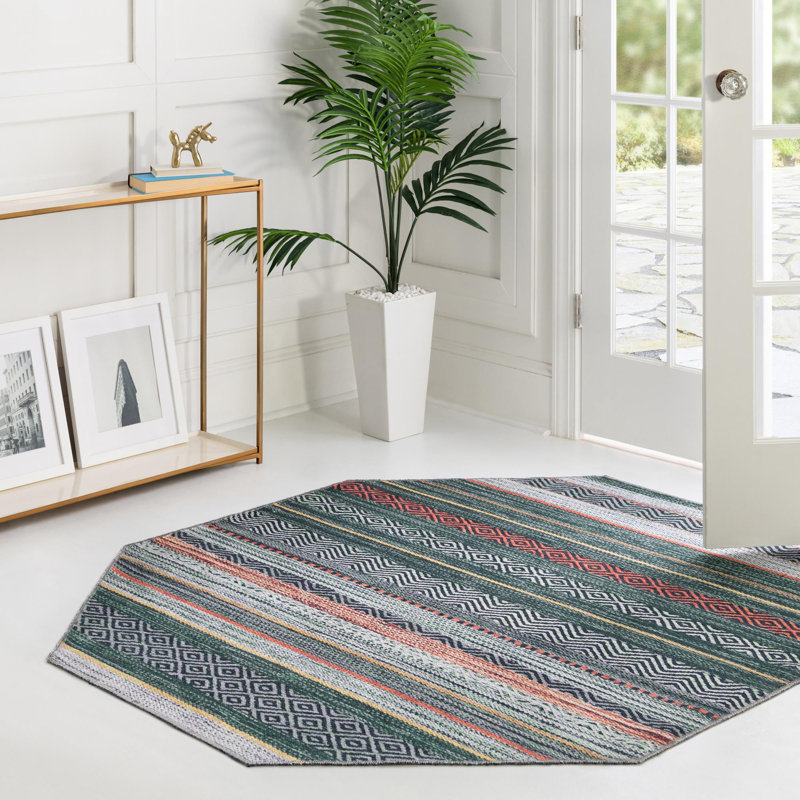 Tapis contemporain Abidur vert-ivoire, Octogone 7 pi 10 po