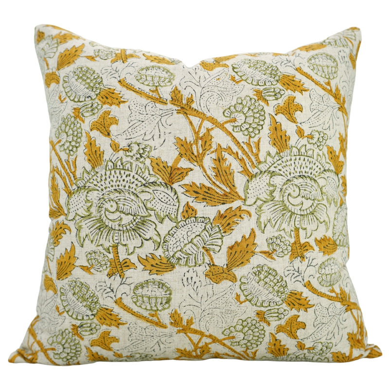 Coussin décoratif en lin imprimé à la main Fabividine, Carré, Bleu floral 3, H 14 po x l 14 po