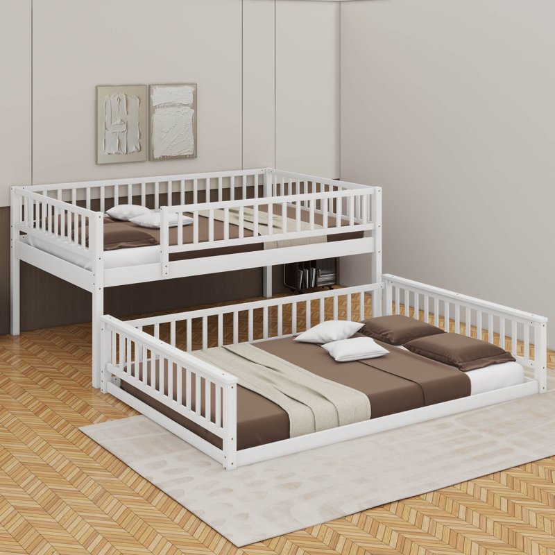 Queen Over Queen Bunk Bed With Ladder And Guardrails, White