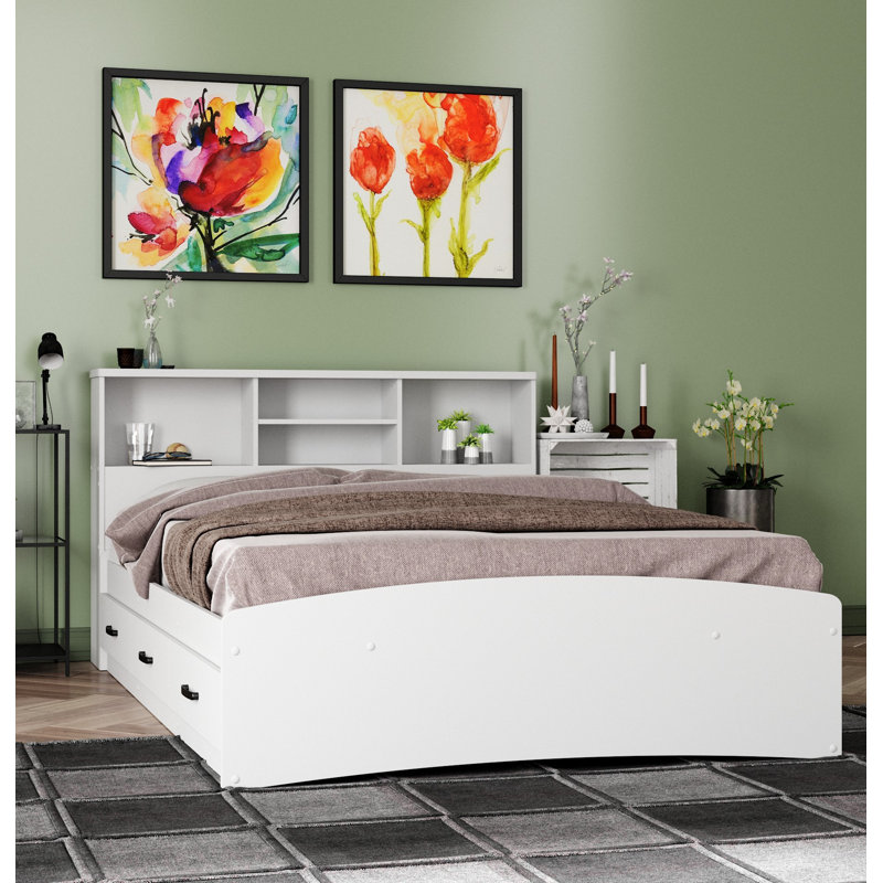 Base de lit avec rangement et tête de lit Monira, Blanc, Grand lit