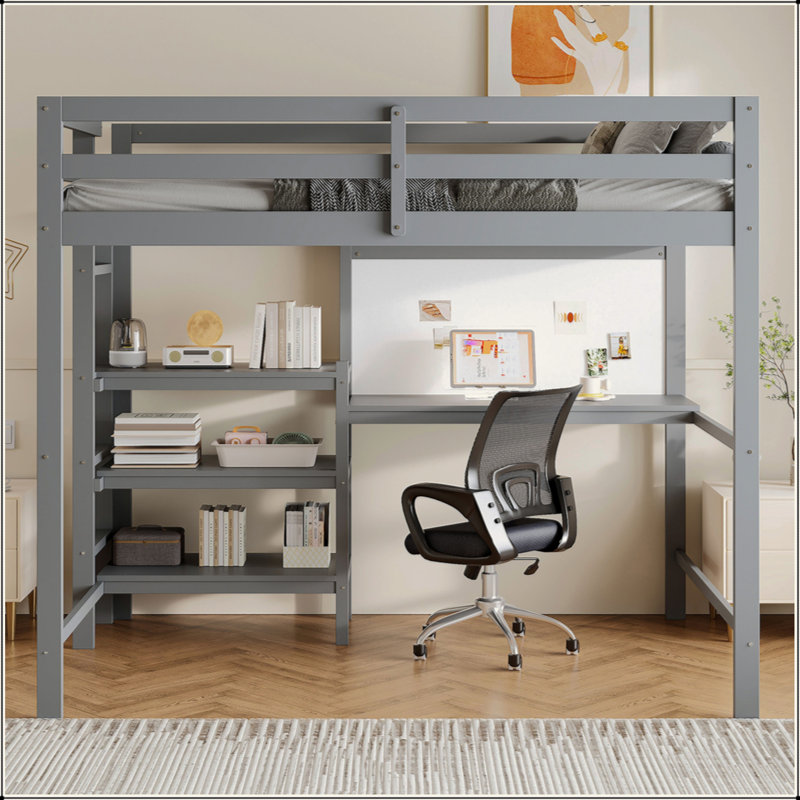 Lit mezzanine en bois avec tablettes, bureau et tableau d'écriture, Gris