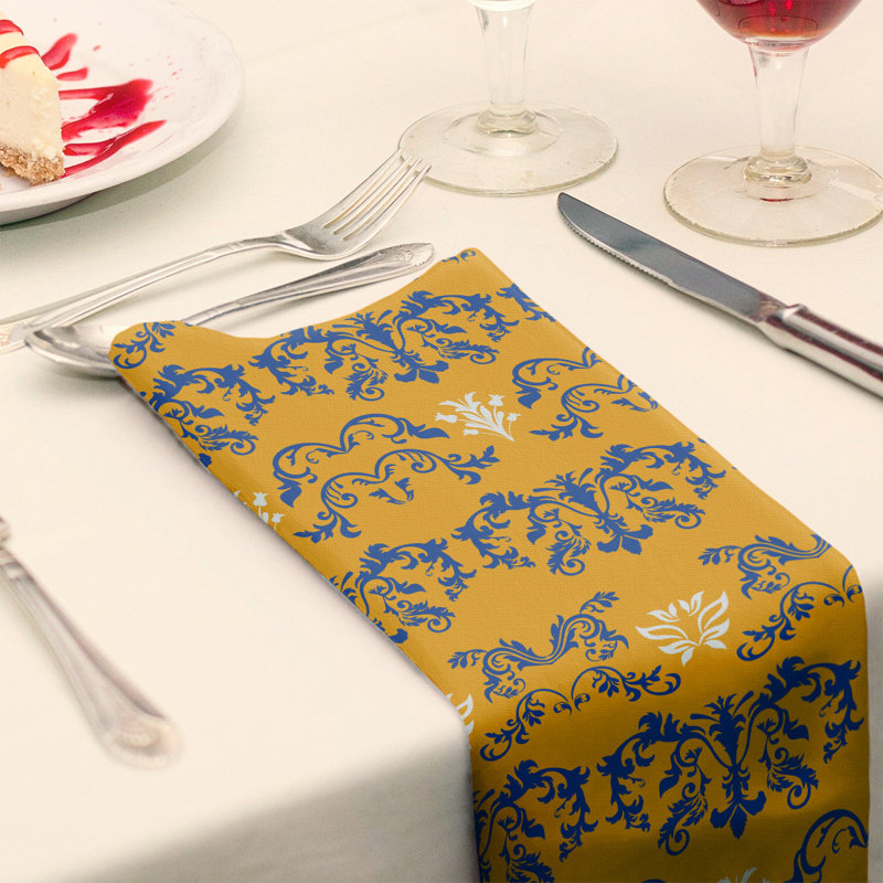 Damask Square Napkin, Blue/Gold/White, Polyester, 22" W x 22" L