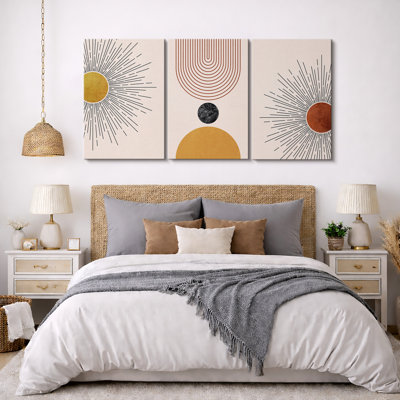 Mid Century Modern Boho "Retro Vibrant Yellow & Red Nordic Artwork, Abstract Sun Light Living Room Pictures, Framed Canvas 3 Pieces Print Wall Art"