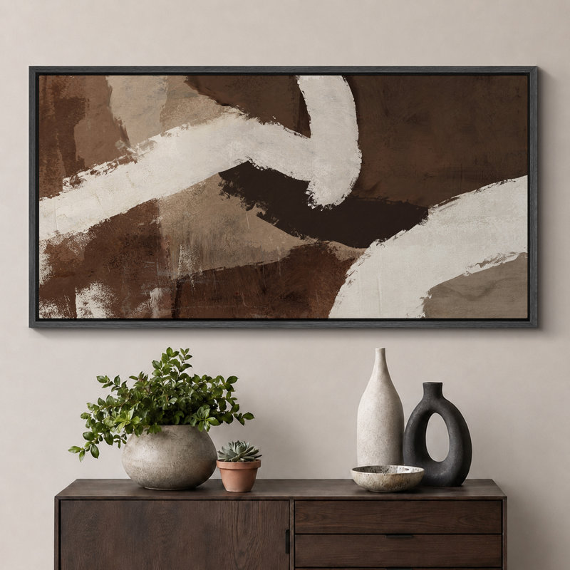 «Grunge Abstract Paint Stroke Effect Mid Mid Century Shape Contemporary Abstract Dynamic Black and White», reproduction encadrée sur toile