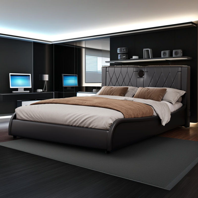 Smart Bed with Bluetooth Speakers & RGB Lights - Faux Leather Platform Bed, Thickened Headboard, No Box Spring Needed, Black