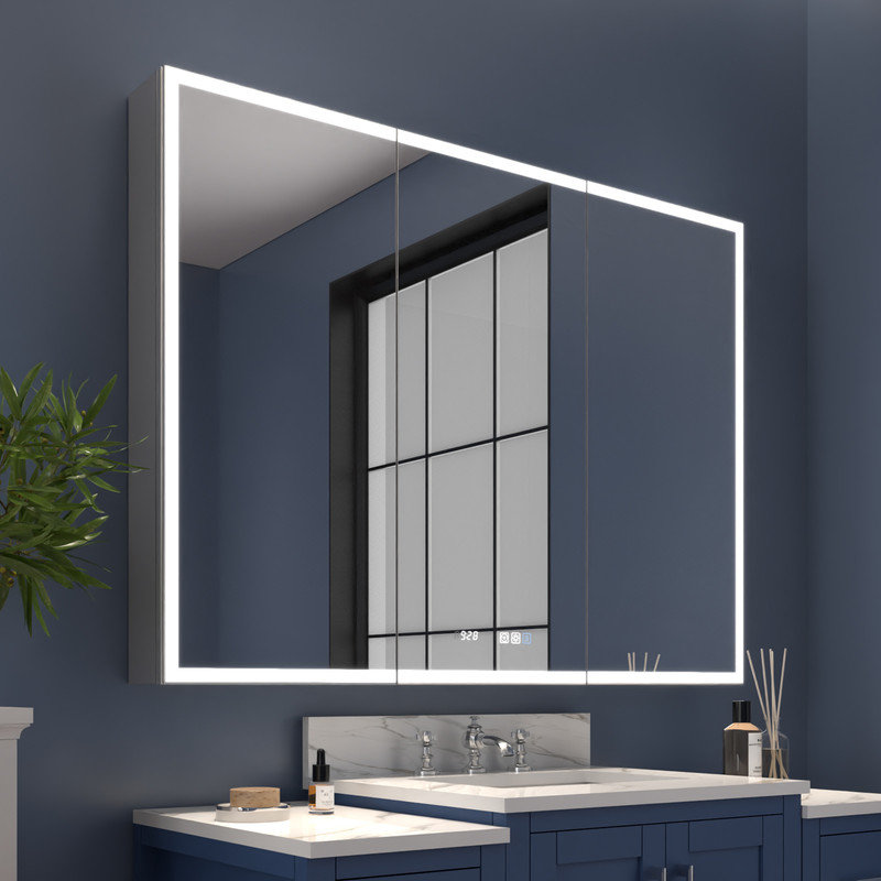 Clayvon 36'' H 48'' W LED Recessed or Surface Mount Frameless Medicine Cabinet with Mirror 6 Shelves, Electrical Outlet and USB