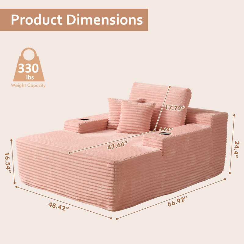48.42'' Wide Oversized Upholstered Chaise Lounge Chair With Armrests, Pillows, And Cup Holder – No Assembly Required