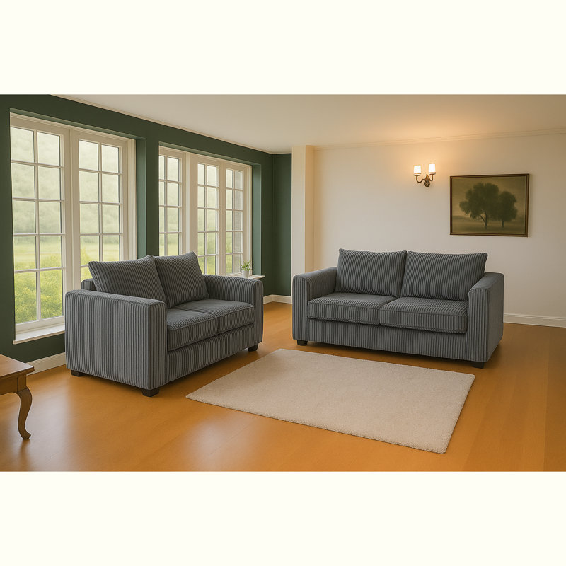 Jambo Cord 3 and 2 Seater High Back Cushion Sofa Set, Grey