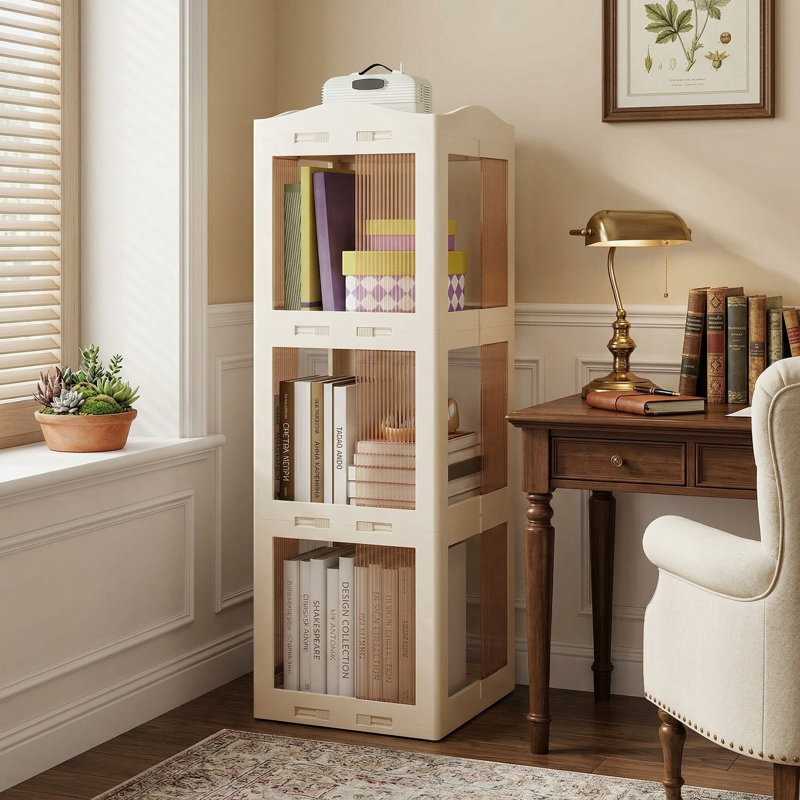 Bibliothèque de rangement rotative pliable à 3 niveaux à 360 degrés, base pivotante anti-rayures stable et panneaux translucides anti-poussière, bureau compact et peu encombrant, chambre à coucher