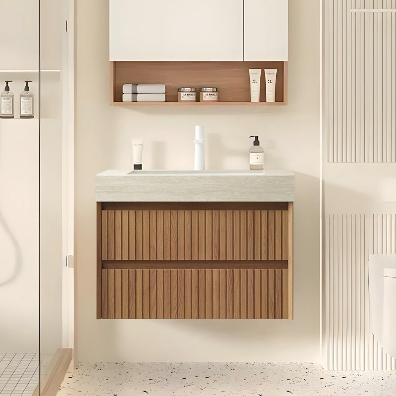 Meuble-lavabo moderne de 30 po avec lavabo, armoire de rangement en contreplaqué rayé suspendu, armoire de salle de bain à poser marbrée préinstallée