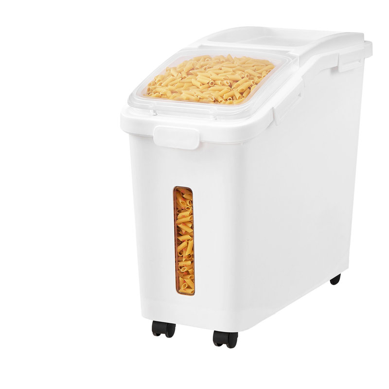 Bac à ingrédients, bac à ingrédients d'une capacité de 11,4 gallons, bac à farine sur roulettes de 280 tasses, bac à ingrédients de rangement commercial avec couvercle et cuillère à riz pour cuisine White